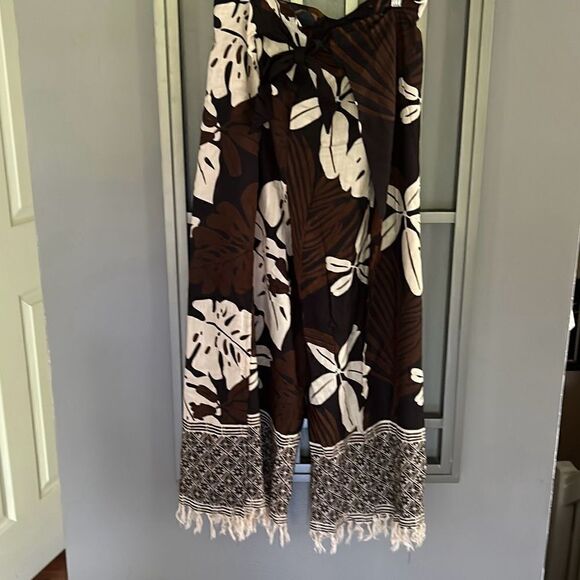 Leaf print wrap pants with fringe one size brown beige black  bathing suit cove - Picture 1 of 5
